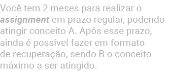 Voc tem 2 meses para realizar o assignment em prazo regular, podendo atingir conceito A. Ap s esse prazo, ainda   po...